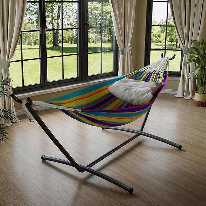 GarveeLife Double 2 Person Hammock, Indoor Outdoor Standing Hammock with Space Saving Steel Stand, Carry Bag, 450 LBS Weight Capacity, Suitable for Garden Camping Beach, Tropical