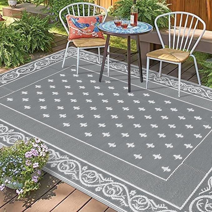 Pauwer Waterproof Outdoor Rug 9x12, Reversible Plastic Straw Patio Camping Rug, Indoor Outdoor RV Mat Carpet for Deck, Camper, Porch, Balcony, Backyard, Picnic, Bordered Grey