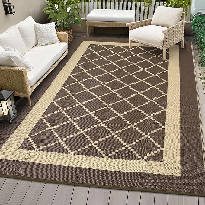 COZYLOOM Waterproof Outdoor Rug for Patio 9x12 Reversible Outdoor Plastic Straw Rug, UV Resistant & Easy to Clean Modern Carpet, RV Mat for Deck, Balcony, Camping, Beach, Picnic, Brown&Coffee