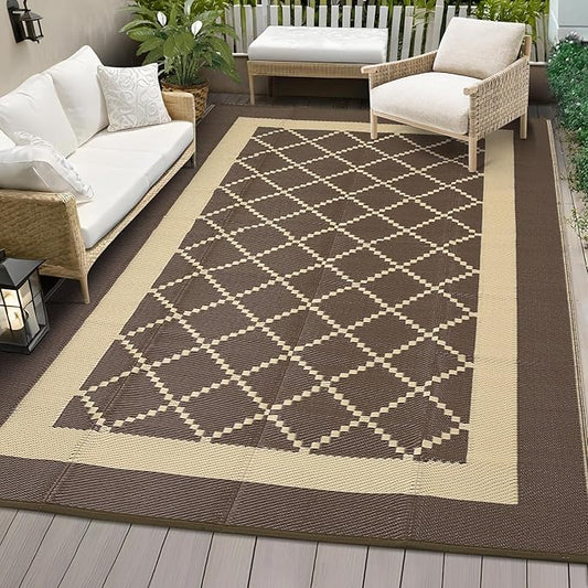 COZYLOOM Outdoor Rug 9x18 Waterproof Reversible Plastic Straw Mat, Large Patio Rug Modern Area Rug Indoor Outdoor Rugs for Deck, Balcony, Camping, Beach, Picnic, Porch， Brown&Coffee