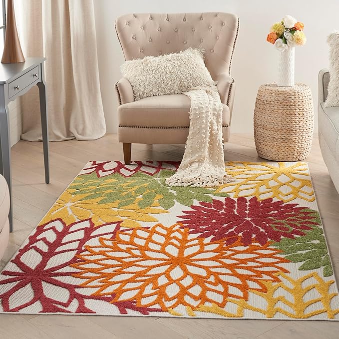 Nourison Home Aloha Indoor/Outdoor Red Multi Colored 6' x 9' Area Rug, Tropical, Botanical, Easy Cleaning, Non Shedding, Bed Room, Living Room, Dining Room, Deck, Backyard, Patio (6x9)