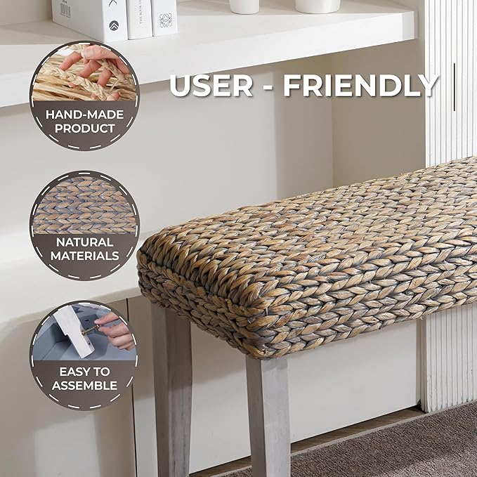 Farmhouse Indoor Solid Wood Acacia Benc with Natural Woven Benches Seat, Boho Bench Entryway, Wooden Bench for Bedroom End of Bed or Living Room or Vintage Entryway Bench Seat (Grey, Water Hyacinth)