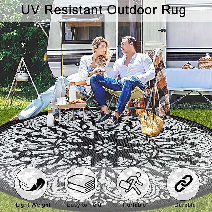 Homcomoda Round Outdoor Patio Rug 8Ft Waterproof Indoor Outdoor Area Rug Black Clearance Reversible Straw Rug for Porch Garden Deck Backyard Balcony