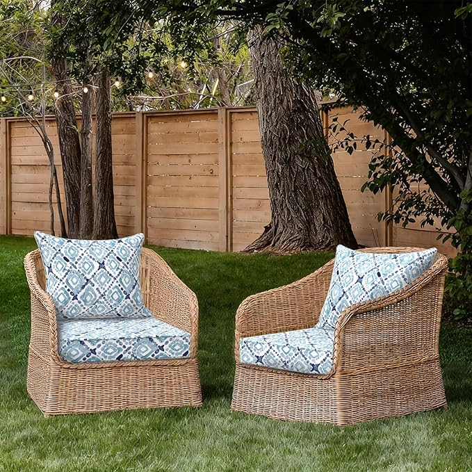 Outdoor Deep Seat Cushion Set, Water Repellent 24"x24" Patio Thick Cushions Replacement with Seat & Back Pillow for Patio Sofa, Wicker Chair, Couch - Boho Geometry Blue