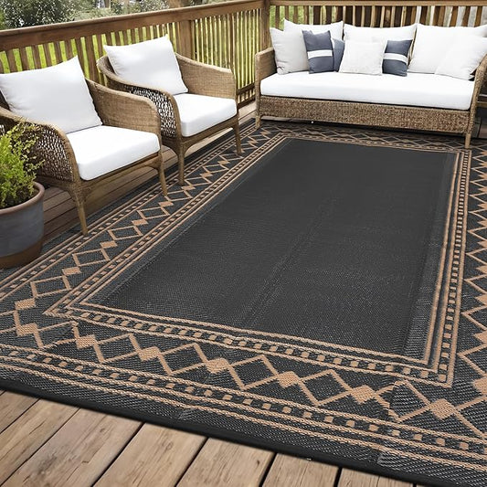 Garvee Outdoor Rug 9x12 ft, Waterproof Reversible Patio Mat, Plastic Straw Rug for RV, Camping, Deck, Balcony, Easy Clean & Portable,Terracotta/White