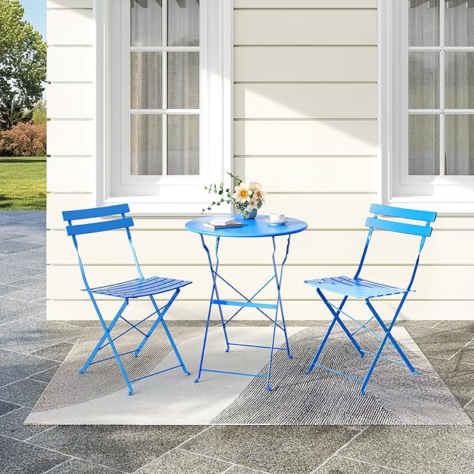 Bistro Table and Chairs Set of 2, 3 Piece Outdoor/Indoor Folding Patio Bistro Sets, 2 Chair Patio Furniture Set with Table, Premium Frame Foldable Coffee Tables for Balcony, Yard, Garden, Blue