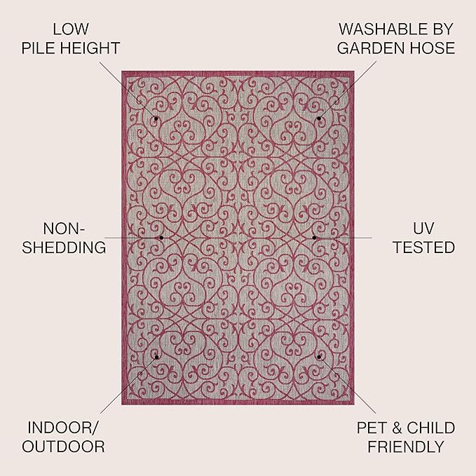 JONATHAN Y Vintage Filigree Indoor Outdoor Area Rug 3X5 Light Gray/Fuchsia, Madrid Textured Weave for Backyard, Patio, Porch, Easy-Cleaning, High Traffic, Pet-Friendly, Non-Shedding (SMB107I-3)
