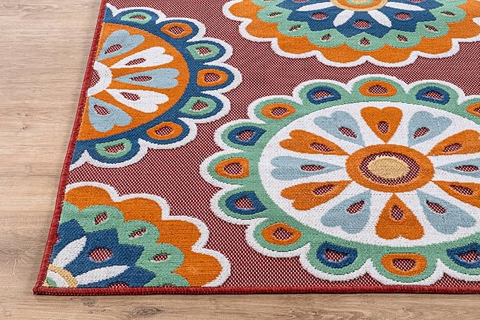 Outdoor Rug 5x7 Washable Area Rugs Indoor Outdoor Carpets Red Bohemian Medallion Non Shedding Waterproof Easy Clean Patio Deck Porch Living Room Bedroom Garden RV (5 X 7 Red)