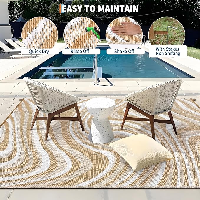 Patio Modern Abstarct Outdoor Rug 10x14 Waterproof Large Reversible Camping Mat Foldable Lightweight Plastic Straw Outdoor Rug for Deck, Camper, Balcony, Beach, Rv，Brown/Coffee/White
