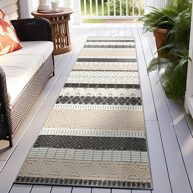 Rugshop Gray Marbella Boho Indoor/Outdoor Runner Rug, Machine Washable for Hallway, Entryway and Kitchen 2'7" x 10'