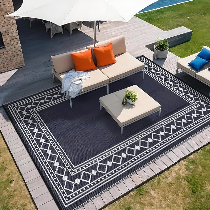 Large Outdoor Rug,9x12 Waterproof Modern Bordered Plastic Straw Carpet,Lightweight Outdoor Carpet,Easy Cleaning Folding Uv Resistant Picnic Camping Mat,Black and Blue/White