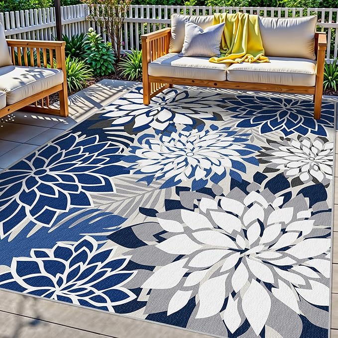 3x5 Washable Rug for Living Room Tropical Botanical Modern Floral Chenille Area Rugs Low Pile Non Slip Carpet for Patio, Bedroom, Laundry, Blue