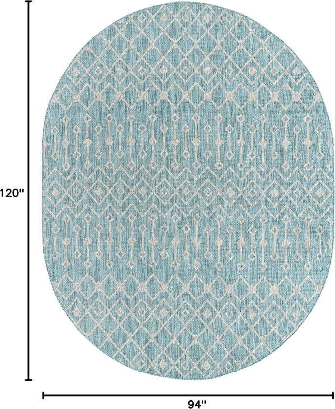 Unique Loom Outdoor Trellis Collection Area Rug - Tribal Trellis (7' 10" x 10' Oval, Aqua/ Ivory)