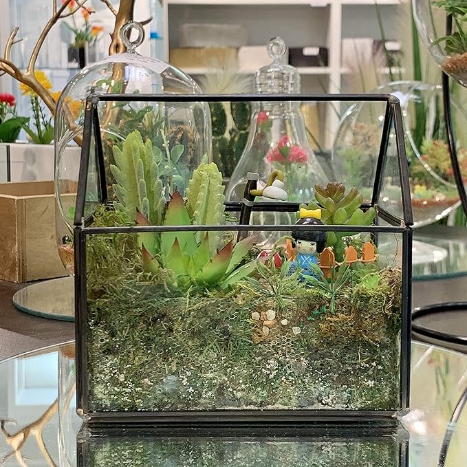 WGV Geometric Planter Terrarium, Width 6" x 3.5" Height 6" Clear Glass Black Frame DIY Succulent air Plant Miniature Fairy Garden Windowsill Tabletop Decor, House 1 Piece