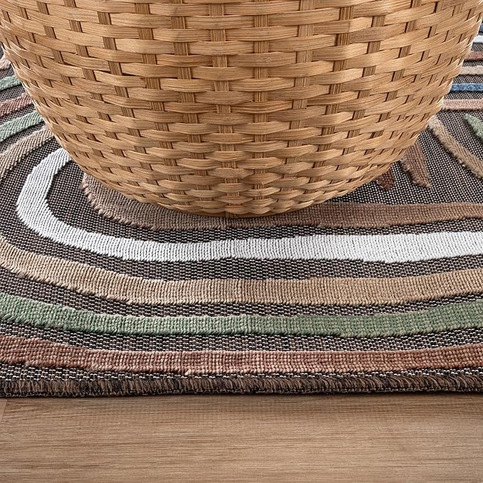 CAMILSON Indoor Outdoor Rug, Brown 5x7 Geometric Arch Striped Area Rugs for Patio and Home Areas, Easy-Cleaning Non-Shedding Living Room, Garden and Deck Washable Outside Carpet (5 x 7)