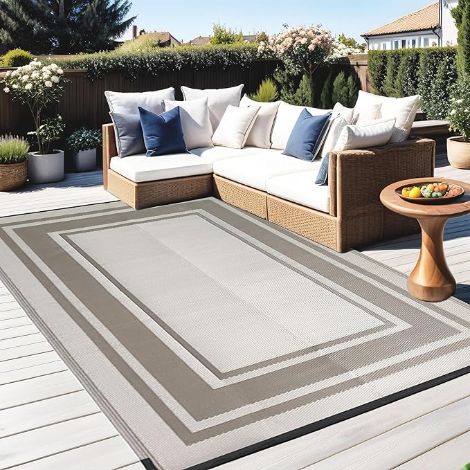 RURALITY Outdoor Rugs 8'x10' Waterproof for Patios Clearance,Plastic Straw Mats for RV, Camping,Backyard,Porch,Deck,Balcony,Reversible,Geometric