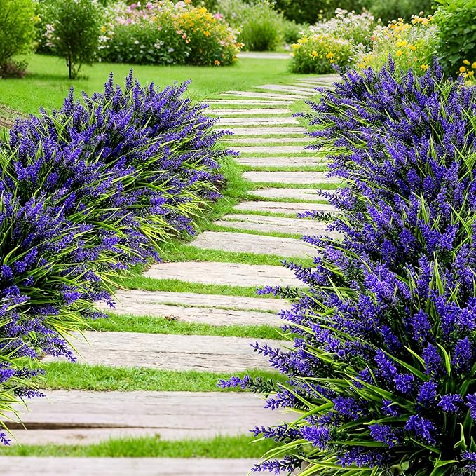 Geegoods Artificial Plants Flowers Outdoor – 48 Bundles UV Resistant Faux Lavender Flowers with Monkey Grass for Garden Porch Window Patio Hanging Planter Decor