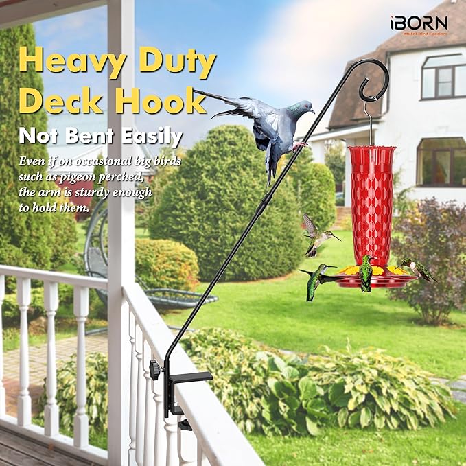 iBorn Deck Hook for Bird Feeder, Hummingbird Feeder Hanger for Deck Railing, Heavy Duty Deck Hanger for Outdoors Hanging, 360° Rotatable Arm, Solid Wire, 28 Inch, Pack of 2