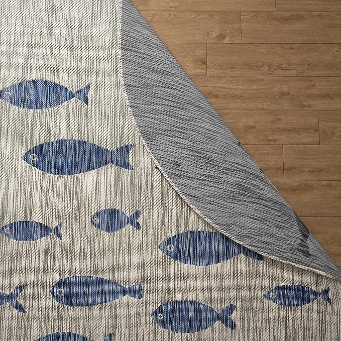 LR Home 8ft Round Indoor/Outdoor Area Rug for Home Decor | Coastal School of Fish Large Size Carpet for Living Room, Bedroom, Playroom, Patio, Garden | Nautical Farmhouse Rug | Gray/Navy