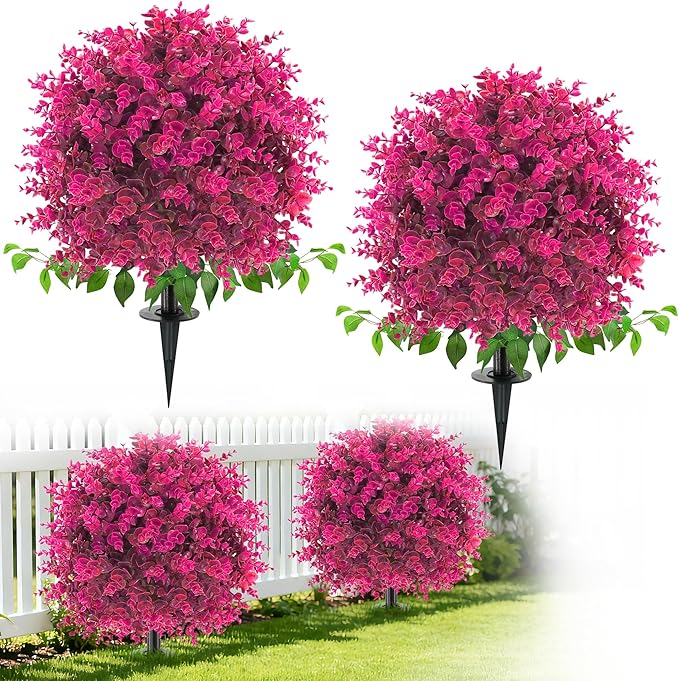 Artificial Topiary Tree with Eucalyptus, Set of 2 UV Resistant Fake Evergreen Shrubs with Ground Spike for Porch, Artificial Plants for Outdoor Indoor Garden Planters, Lifelike Decor