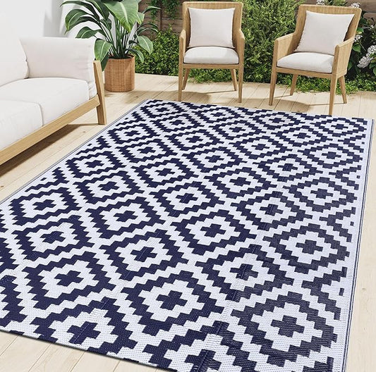 Smiry Waterproof Outdoor Rug 9x12 ft, Reversible Plastic Straw Patio Camping Rugs, Outdoor Indoor RV Mat Carpet for Patio, Outside Entry, Backyard, Deck, Bench, Picnic, Camper, White & Navy