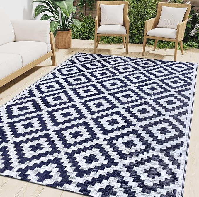 Smiry Waterproof Outdoor Rug 6x9 ft, Reversible Plastic Straw Patio Camping Rugs, Outdoor Indoor RV Mat Carpet for Patio, Outside Entry, Backyard, Deck, Bench, Picnic, Camper, White & Navy