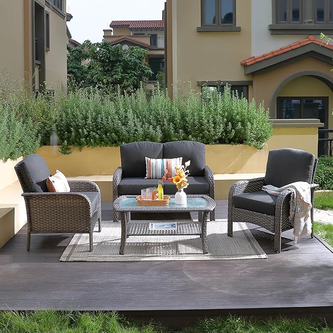 4-Piece Wicker Patio Furniture Set, All-Weather Rattan Conversation Bistro Loveseat Chair and Table Set for Backyard, Balcony and Deck with Soft Cushions and Metal Table(Black)
