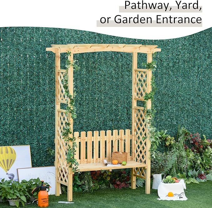 Outsunny Wooden Garden Arbor for Climbing Plants with Garden Bench, Garden Arch to Grow Grapes & Vines, Patio Decor & 2-Person Outdoor Wood Decorative Seating, Natural