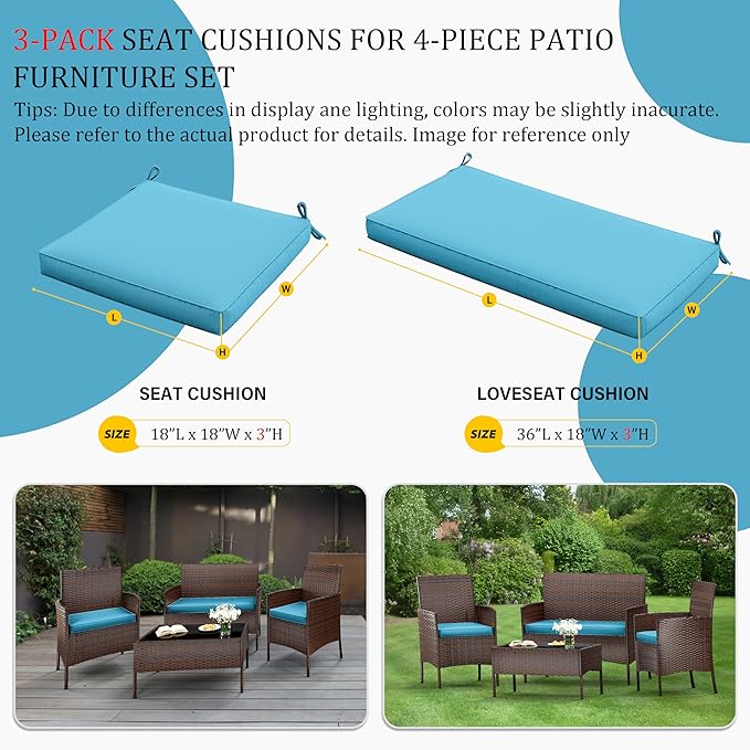 3 Pack Outdoor Replacement Cushions, Fit for 4-Seater Wicker Rattan Patio Conversation Set, 36x18x3,18x18x3, Liner & Cover