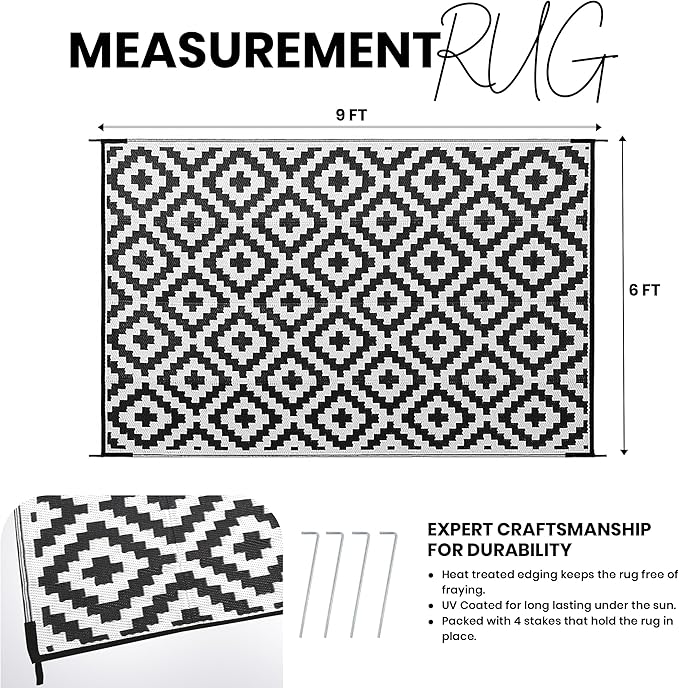 Utopia Home Waterproof Outdoor Rug for Patio 6 x 9 ft, Reversible Plastic Straw Mat for Camping, Picnics, Balcony, Patio, Diamond - Black & White