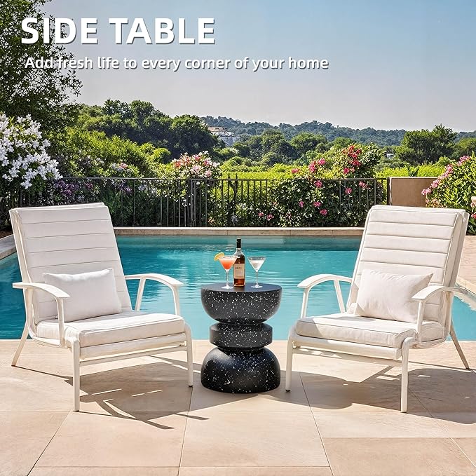 18" H Modern Black Side Table for Living Room, Decorative Terrazzo Finish MGO Outdoor End Table, Versatile as Coffee Table, Stool, Plant Stand, Weather-Resistant for Garden Patio Deck Use