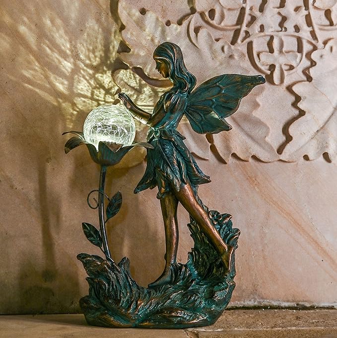 TERESA'S COLLECTIONS Garden Fairy Large Bronze Garden Sculptures & Statues Resin with Solar Outdoor Light, Valentines Decorations Lawn Ornaments for Outdoor Decor, Gifts for Women Mom, 11"