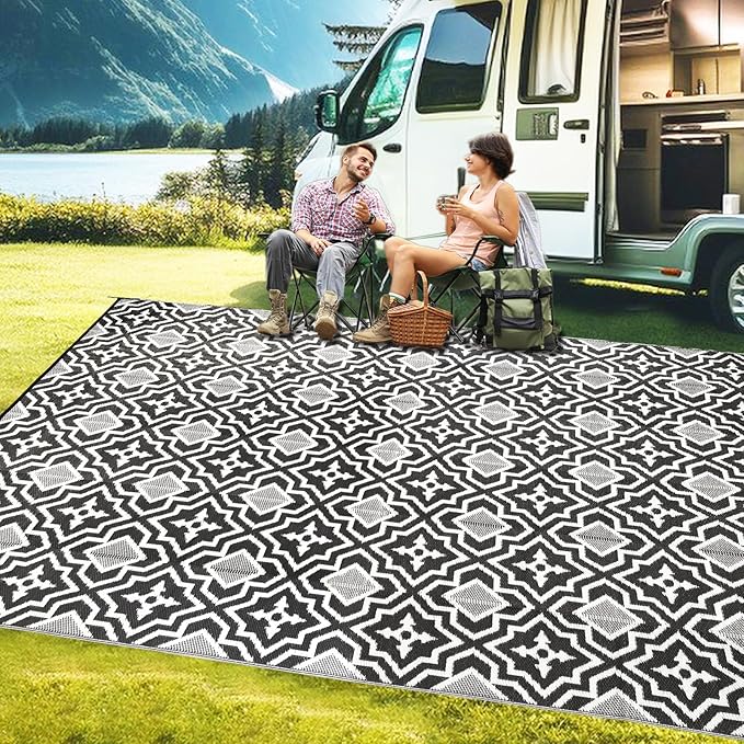 Outdoor Rug 9x18 Waterproof Large Outdoor Rug Camping Rug Reversible Rv Mats Black Gray Outdoor Plastic Straw Rug Tightly Woven Rugs Clean Easily Large Patio Mat for RV, Deck, Camping Rv Essentials