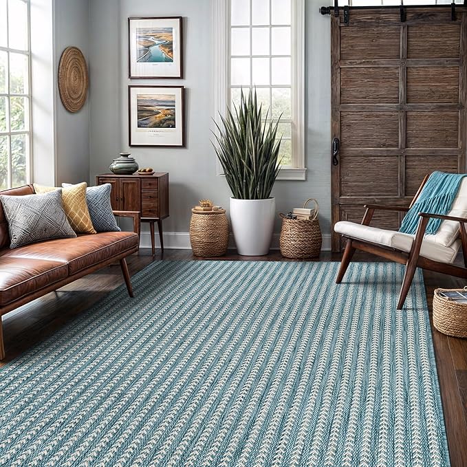 Washable Outdoor Rug 6x9 Modern Area Rugs Outdoor Carpets Striped Pattern Non Shedding Waterproof Easy Clean Patio Deck Porch Living Room Bedroom Garden RV (6 X 9 Aqua)