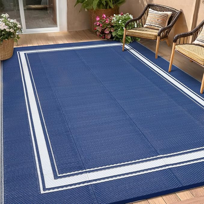 Outdoor Rugs 8x10 for Patio Waterproof Floor Mats Modern Bordered Plastic Straw Large Area Rugs Lightweight Reversible Mat Carpet for RV Backyard Balcony Porch Blue/White