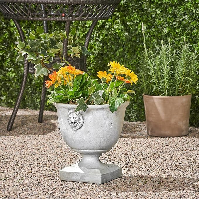 Merax MGO 13'' Tall Garden Urn Planter with Drainage Hole, Handmade Lightweight Urn for Flowers, Herbs & Succulents, Indoor & Outdoor Decorative Pot, Antique White