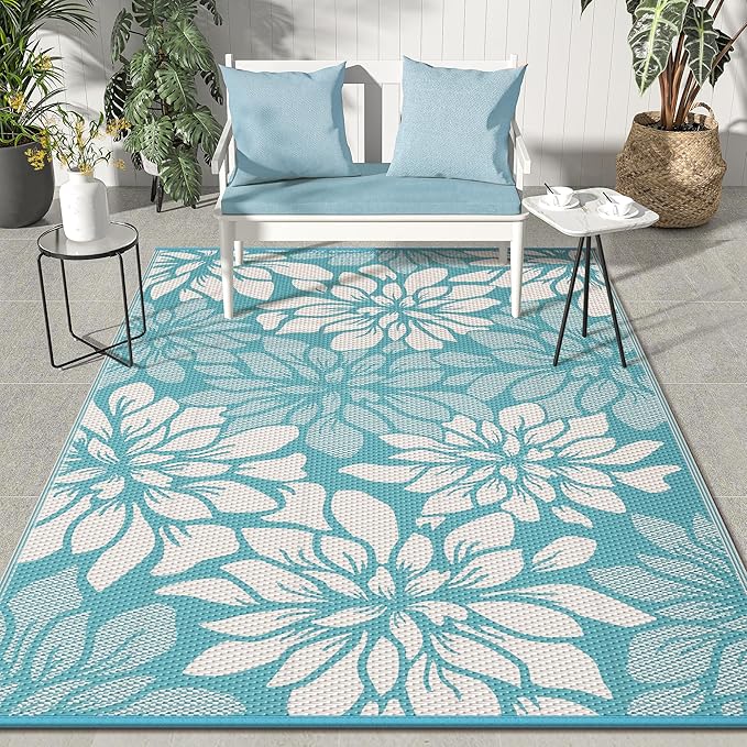 GENIMO Outdoor Rug Waterproof for Patio Decor, 6' x 9' Reversible Plastic Straw Floral Camping Carpet, Large Area Rugs Mats for RV, Camper, Deck, Balcony, Porch, Beach, Picnic, Blue & Beige