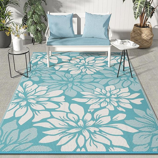 GENIMO Outdoor Rug Waterproof for Patio Decor, 6' x 9' Reversible Plastic Straw Floral Camping Carpet, Large Area Rugs Mats for RV, Camper, Deck, Balcony, Porch, Beach, Picnic, Blue & Beige