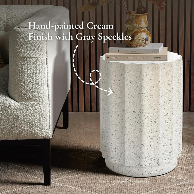 LuxenHome Cream with Gray Cement Fluted Round Indoor Outdoor Side and End Table, Set of 2