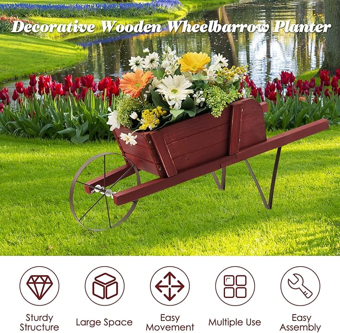 S AFSTAR Wood Wheelbarrow Planter, Flower Plant Pot Wheelbarrow Cart w/Metal Wheel & 9 Replaceable Magnet Accessories, Wooden Wagon Planter Wheelbarrow Decor for Outdoor Garden Backyard (Red)