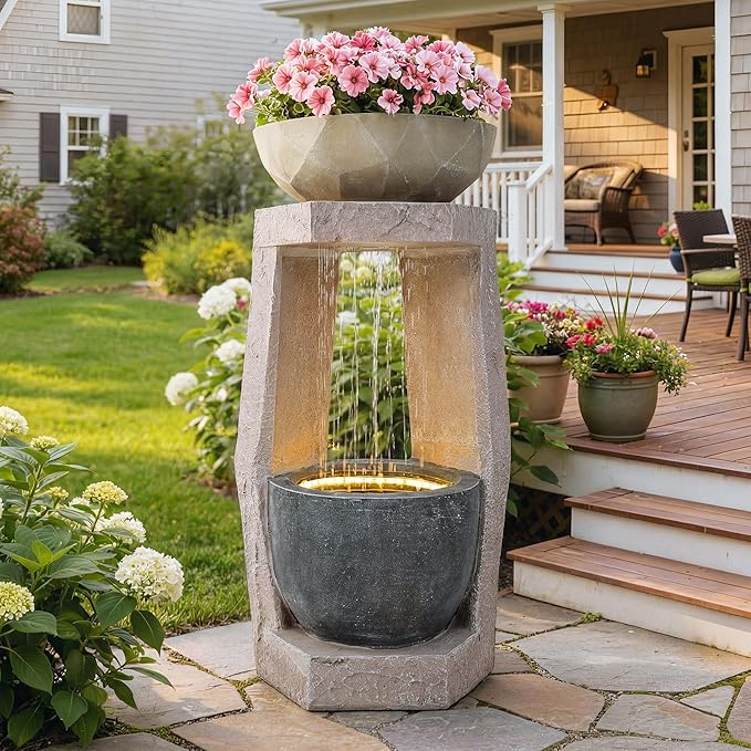 32" Outdoor Fountain, Modern Geometric Two Bowls Water Feature with LED Lights, Resin Soothing Cascading Waterfall for Patio, Backyard, Garden or Porch