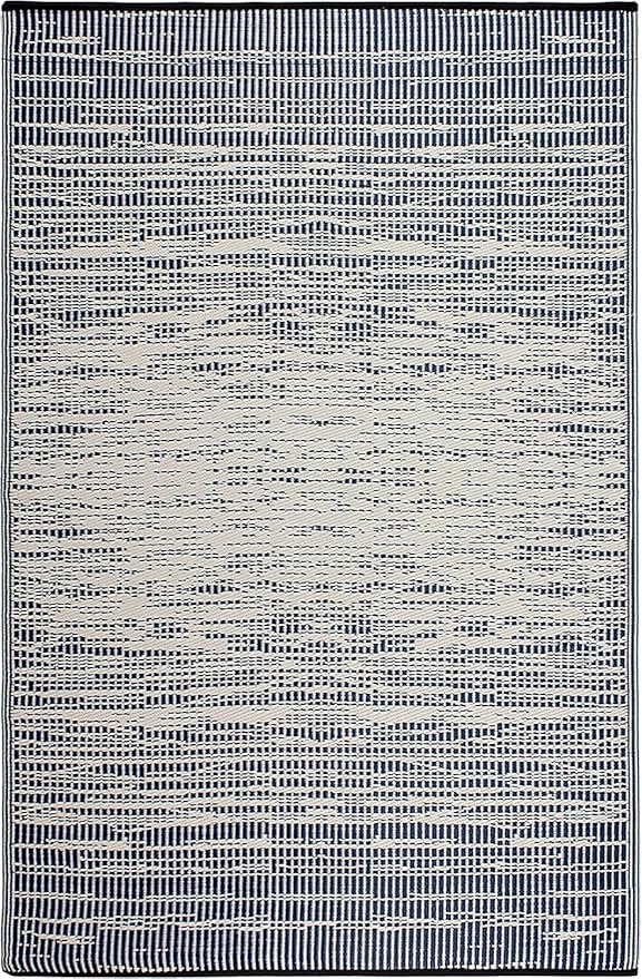 Fab Habitat Outdoor Rug - Waterproof, Fade Resistant, Crease-Free - Premium Recycled Plastic - Distressed Abstract Stripes - Large Patio, Deck, Sunroom, Camping, RV - Brooklyn - Blue - 6 x 9 ft