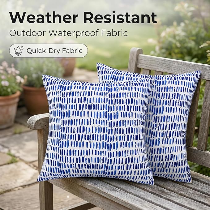 JMGBird Water-Resistant Outdoor Pillows Set of 2, 18x18 inch Durable White with Gradient Square Pattern Throw Pillows with Inserts for Patio Furniture
