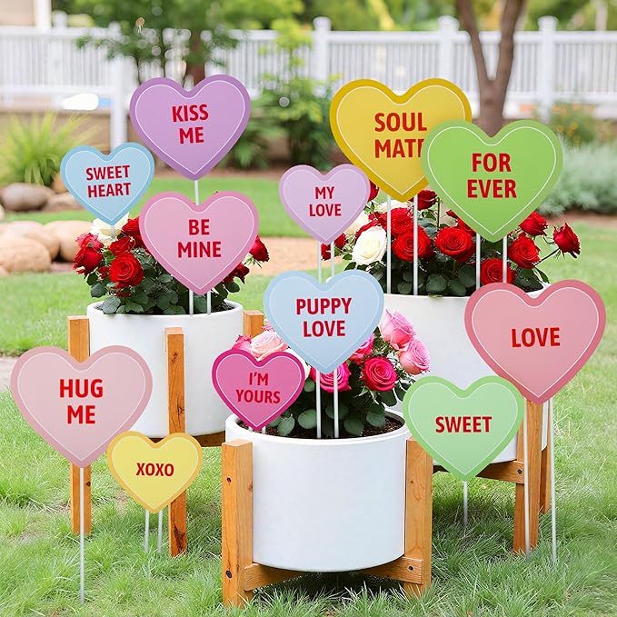 Iceyyyy 12Pcs Valentine's Day Conversation Planter Stakes, Mix Size Candy Heart Planter Stakes, Decorative Valentines Garden Planter Stake Sign for Home Anniversary Party Outdoor Lawn Decor