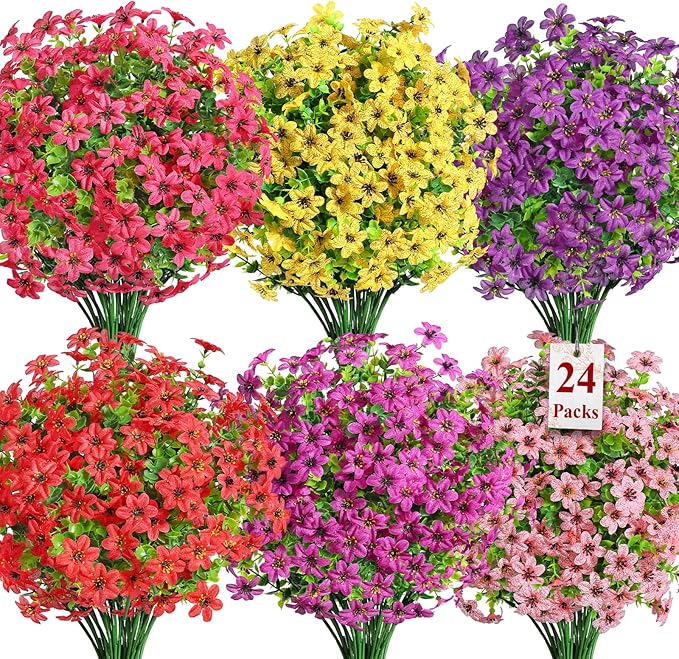 SHareconn 24 Bundles Artificial Flowers for Outdoors Spring Decoration, Fake Silk Realistic Faux Plants UV Resistant for Outside Planter Porch Patio Indoor Decor, RedRosePurpleYellowPinkDeeppurple