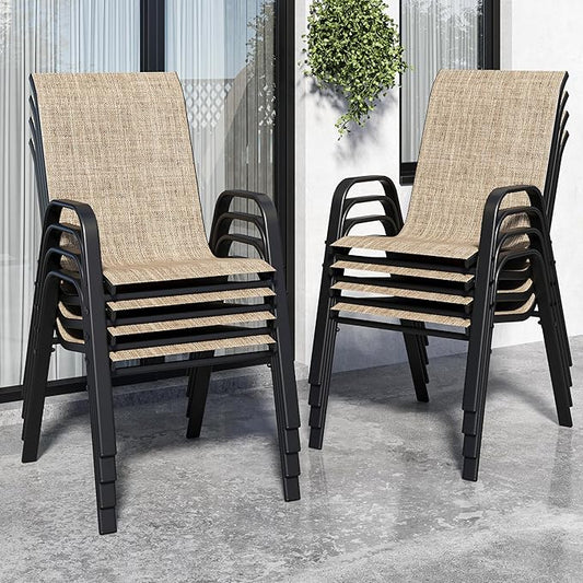 Patio Chairs Set of 8, Stackable Outdoor Dining Chairs for All Weather Textilene Fabric & Metal Frame, Outdoor Chairs Set for Backyard Deck Garden (Brown, Set of 8)