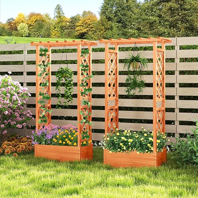 HAPPYGRILL Raised Garden Bed with Trellis, 2 Pack Wood Elevated Garden Bed with Hanging Roof, Planter Box, Drainage Holes for Climbing Plants, Flowers, Vegetables, 31" L x 14" W x 60" H