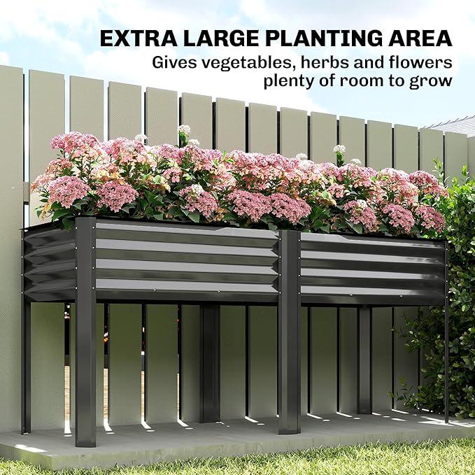 Outsunny Galvanized Raised Garden Bed with Legs, Extra Large Metal Raised Planter Box with Reinforced Bars and Non-Woven Fabric for Vegetables, Flowers, Herbs, 71" x 22" x 31.5", Dark Gray