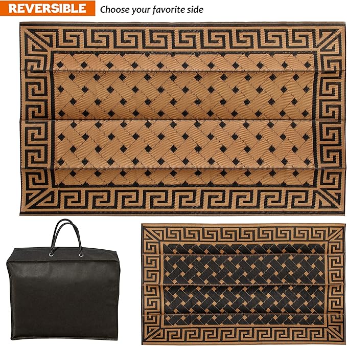 SAND MINE Reversible Mats, Plastic Straw Rug, Modern Area Rug, Large Floor Mat and Rug for Outdoors, RV, Patio, Backyard, Deck, Picnic, Beach, Trailer, Camping (5' x 8', Brown & Black)