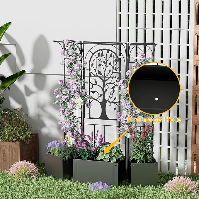 Metal Planter Box with Greenhouse Cover, Raised Garden Bed with Trellis Privacy Screen, 62 inch Tall Planter Boxes for Climbing Plants, Flowers, Vegetables, Fruits, Balcony and Patio Decor (Black)